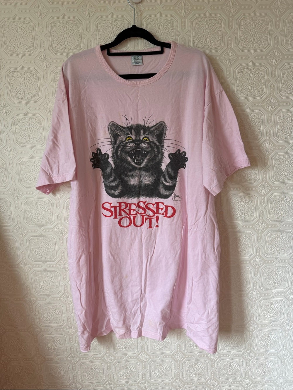 Vintage Stressed Out Cotton Nightgown Sleep Pink Crewneck One Size